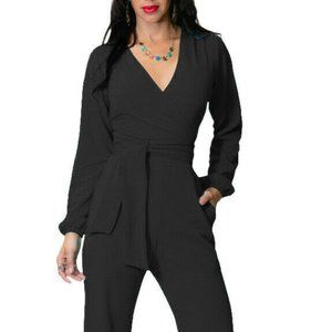 Womens V Neck Long Sleeve Jumpsuits Wide Leg Pants Bandage Belt Bodysuit Rompers